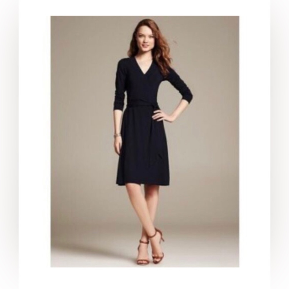 Banana Republic Womens Classic Blue Wrap Dress Long Sleeve Stretch Size Large